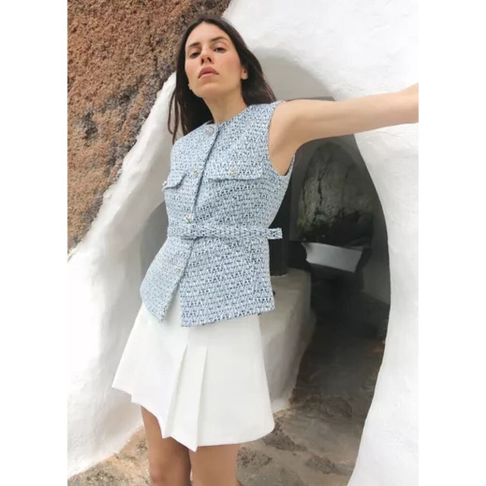 Zara NWT Blue Textured Belted Vest Tweed Waistcoat XL